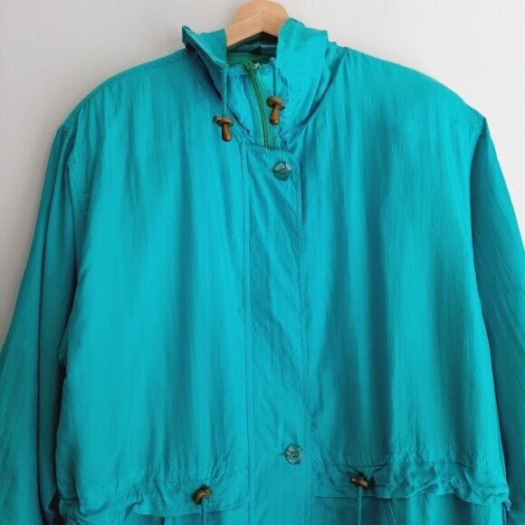 Vintage BERNARDO \ 100% Silk 90's Windbreaker Long Jacket Bright Blue M Flawed - Picture 2 of 15